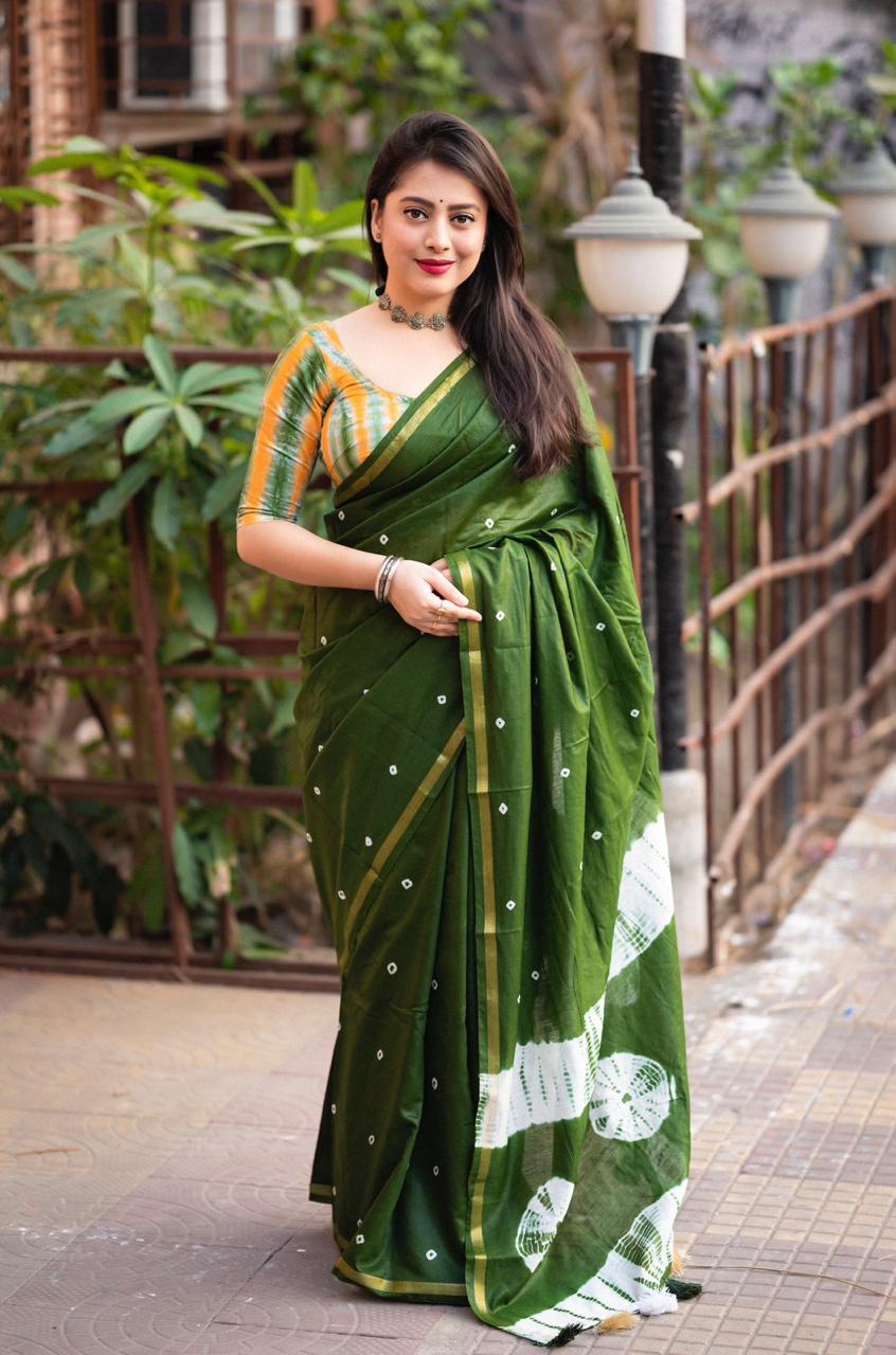 Bandhej Pure Soft Cotton Chanderi Saree With Block Printed