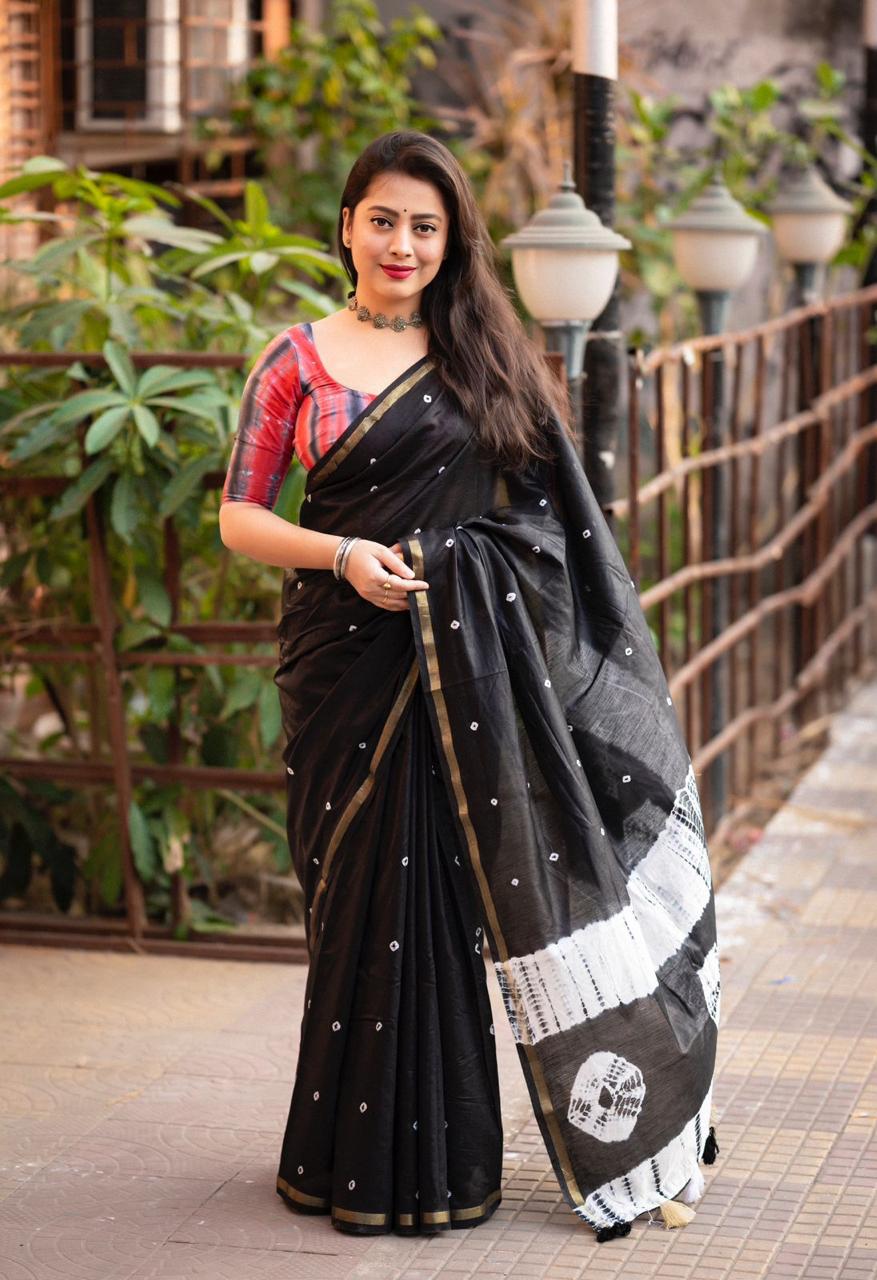 Bandhej Pure Soft Cotton Chanderi Saree With Block Printed