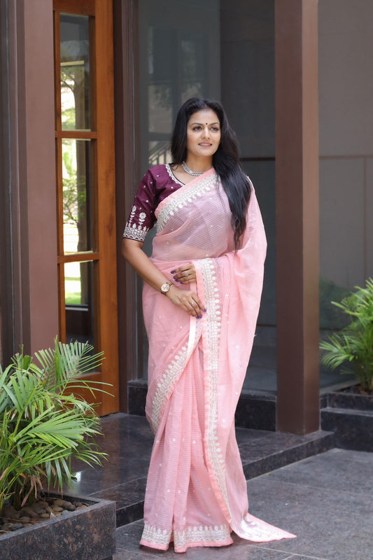 Soft simmer Linen Saree With Fancy Embroidery and Sequenec Butti work