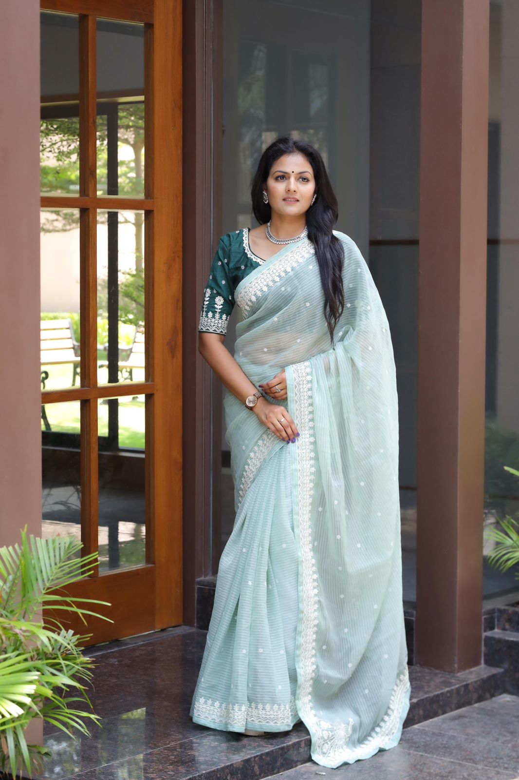 Soft simmer Linen Saree With Fancy Embroidery and Sequenec Butti work