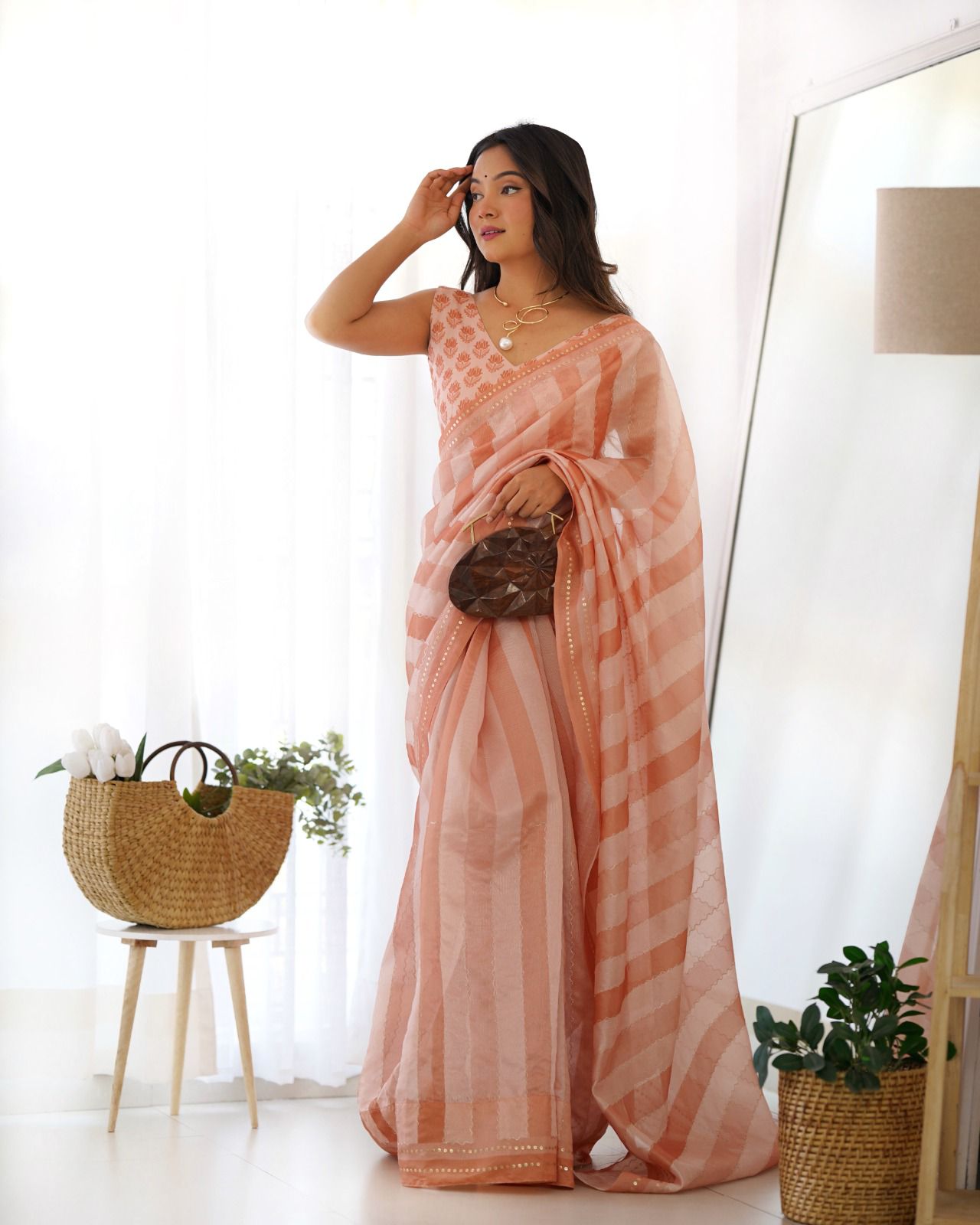 Peach Color Premium Tusser Saree With Designer Katha Work