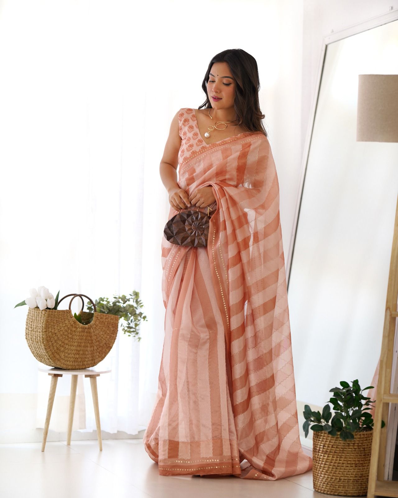 Peach Color Premium Tusser Saree With Designer Katha Work