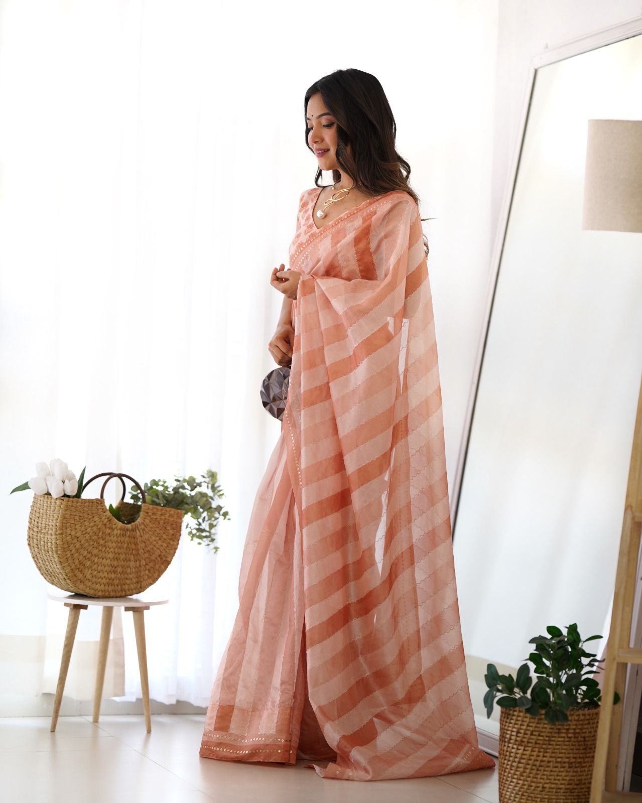 Peach Color Premium Tusser Saree With Designer Katha Work