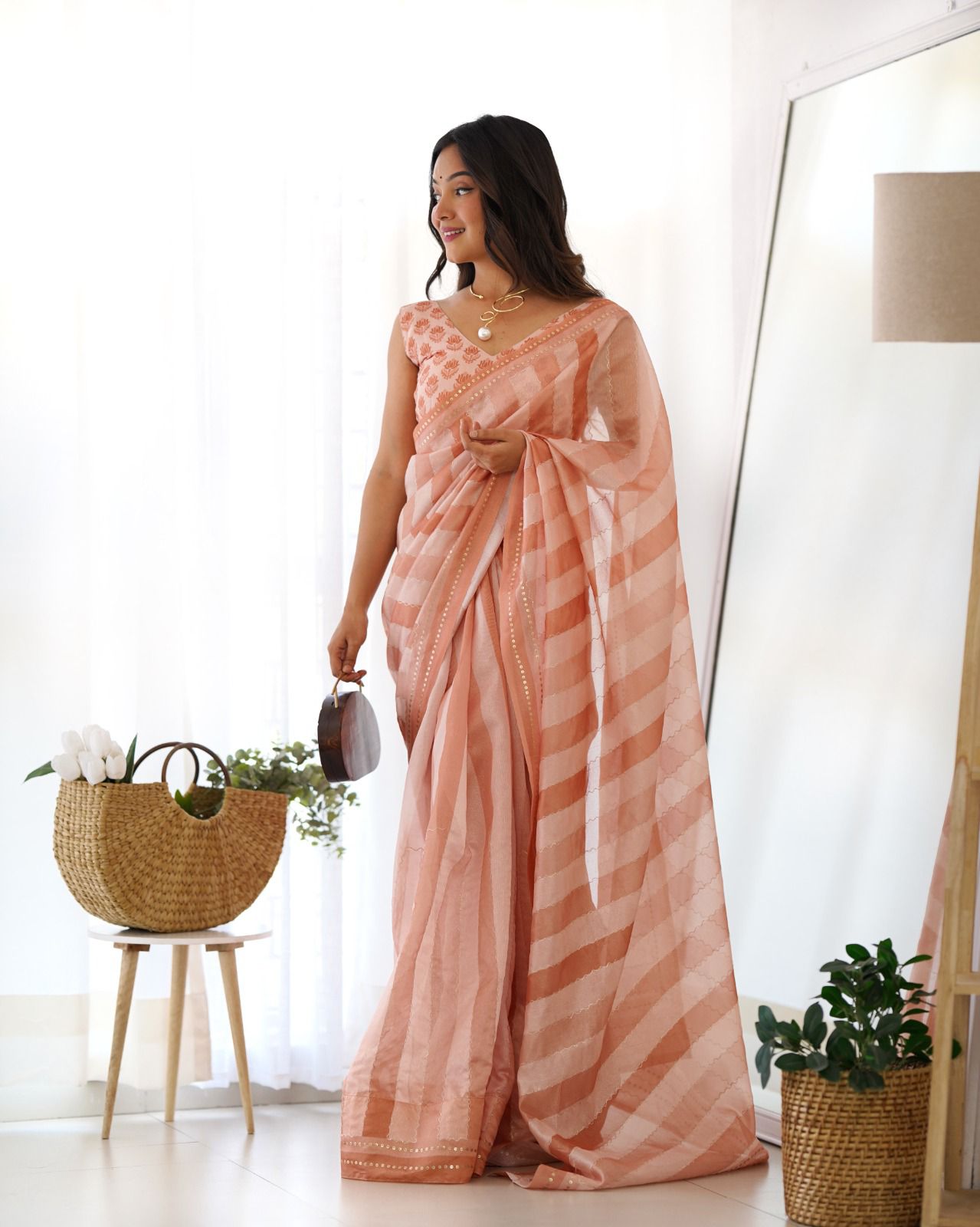 Peach Color Premium Tusser Saree With Designer Katha Work