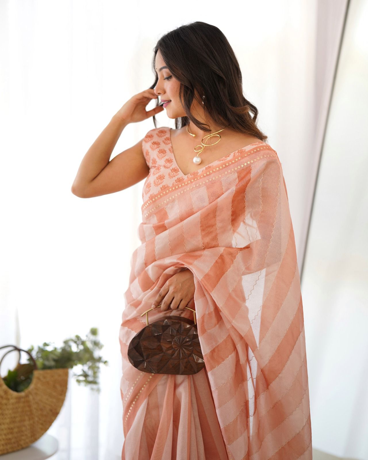 Peach Color Premium Tusser Saree With Designer Katha Work