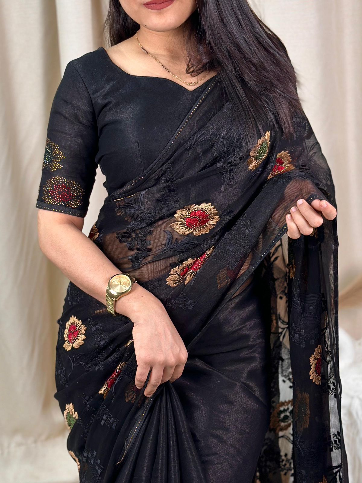 Black Color Premium Zareen Sitara Chiffon Saree