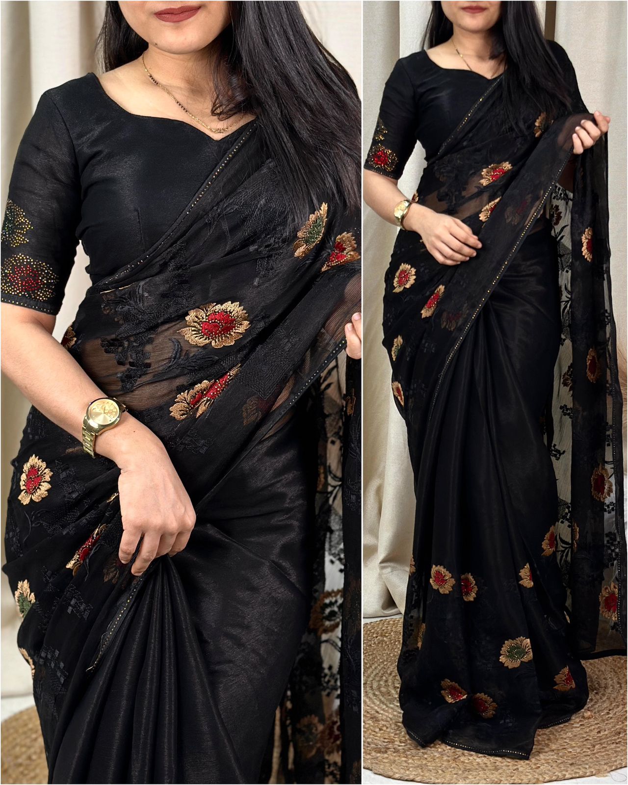 Black Color Premium Zareen Sitara Chiffon Saree