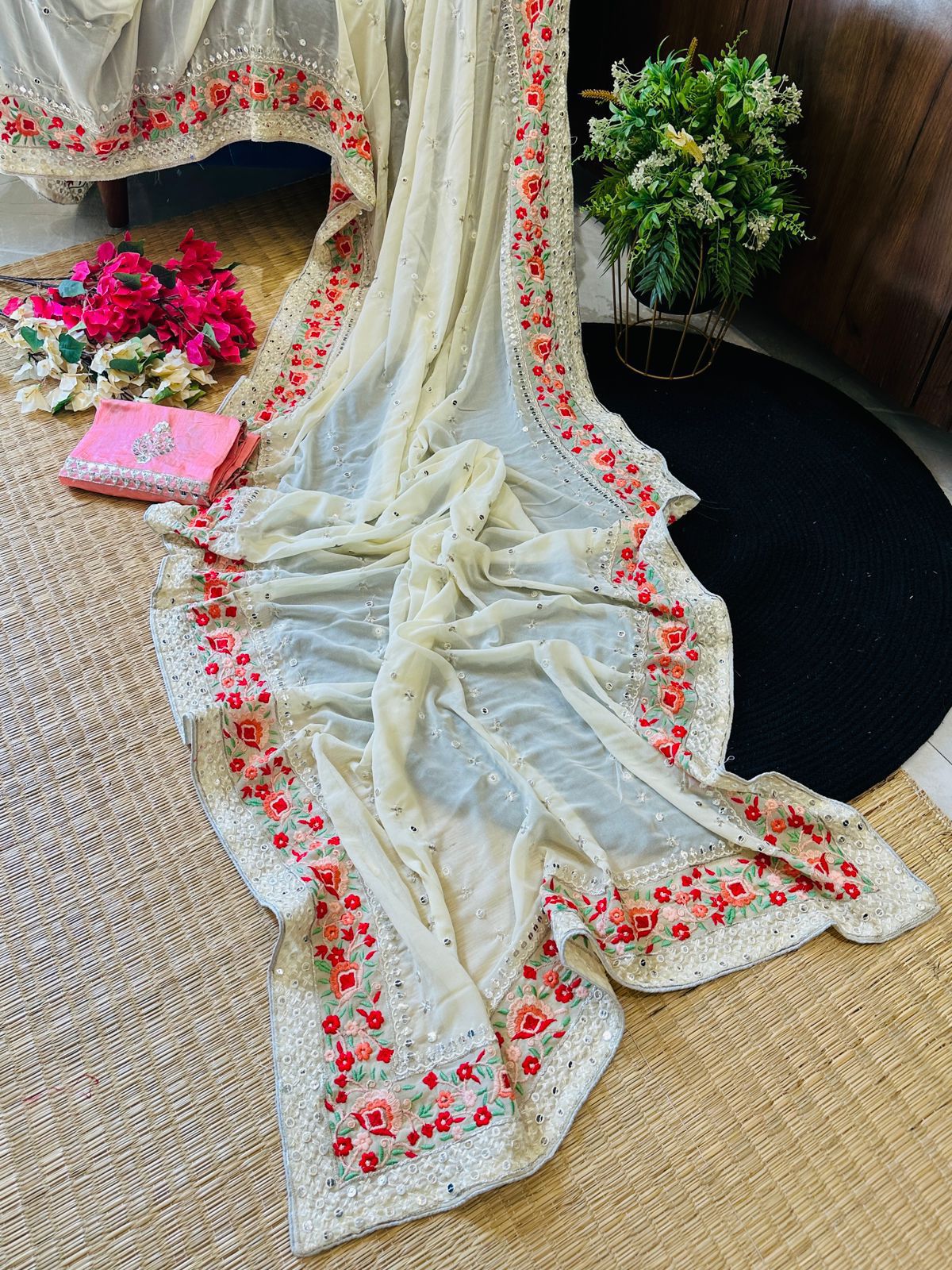 Superb Soft Refined Georgette Silk Saree With Embroidery Border and Sequencing Work