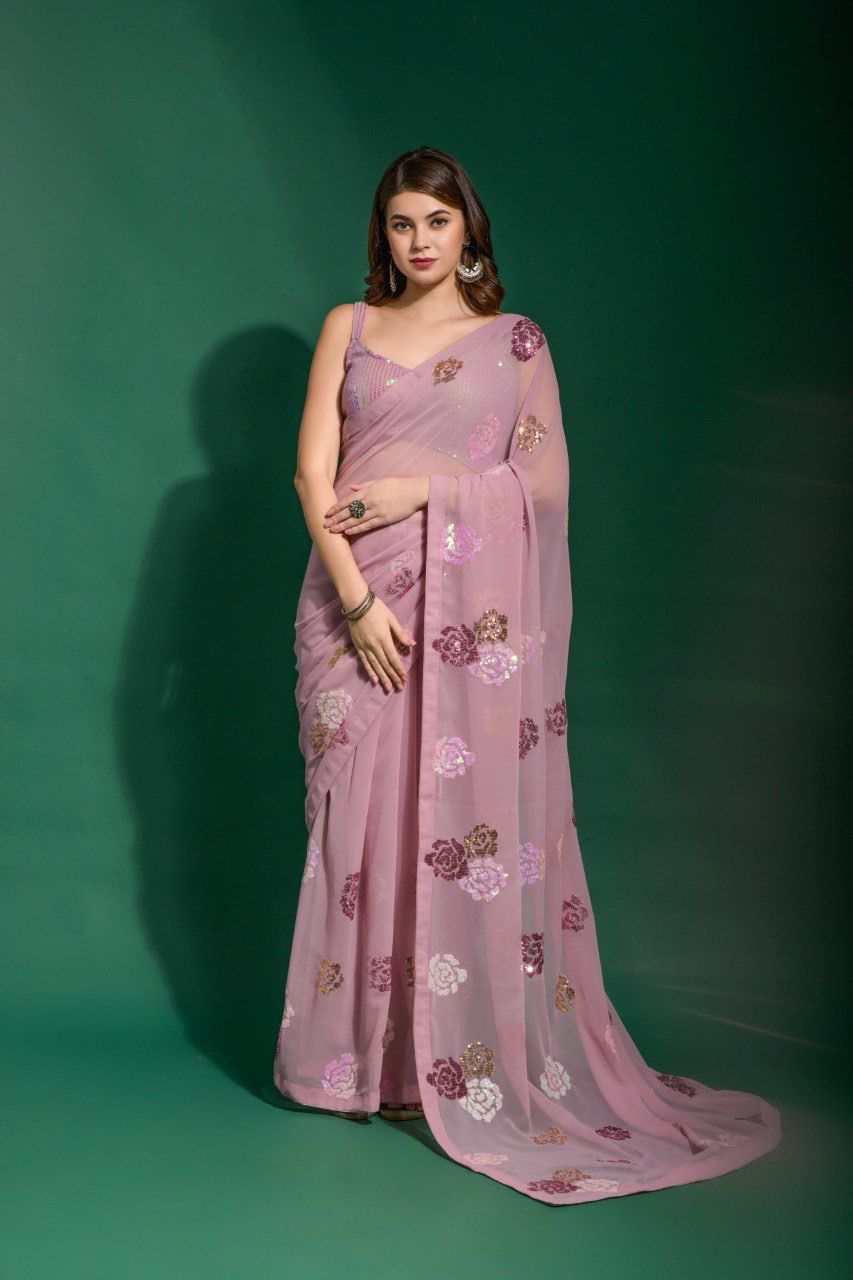 Onion Pink Georgette Saree With Sequance Embroidery Work