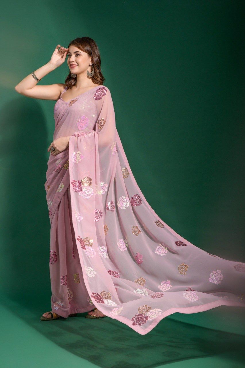 Onion Pink Georgette Saree With Sequance Embroidery Work