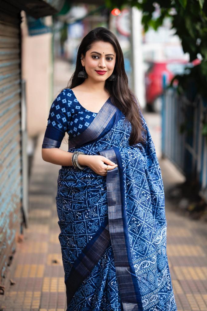 Ajrakh Style Printed Slub Silk Saree