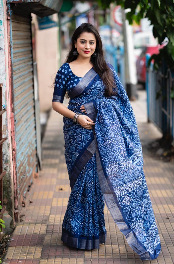 Ajrakh Style Printed Slub Silk Saree