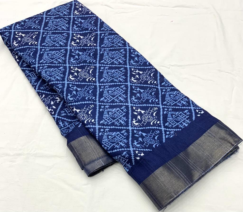 Ajrakh Style Printed Slub Silk Saree