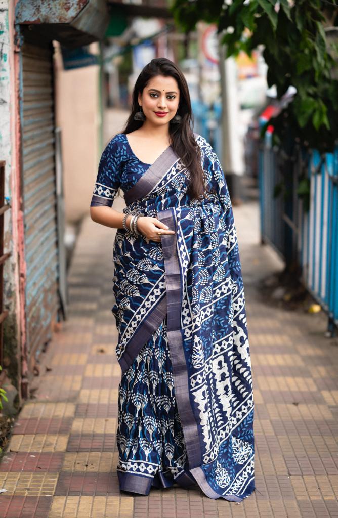 Ajrakh Style Printed Slub Silk Saree-2