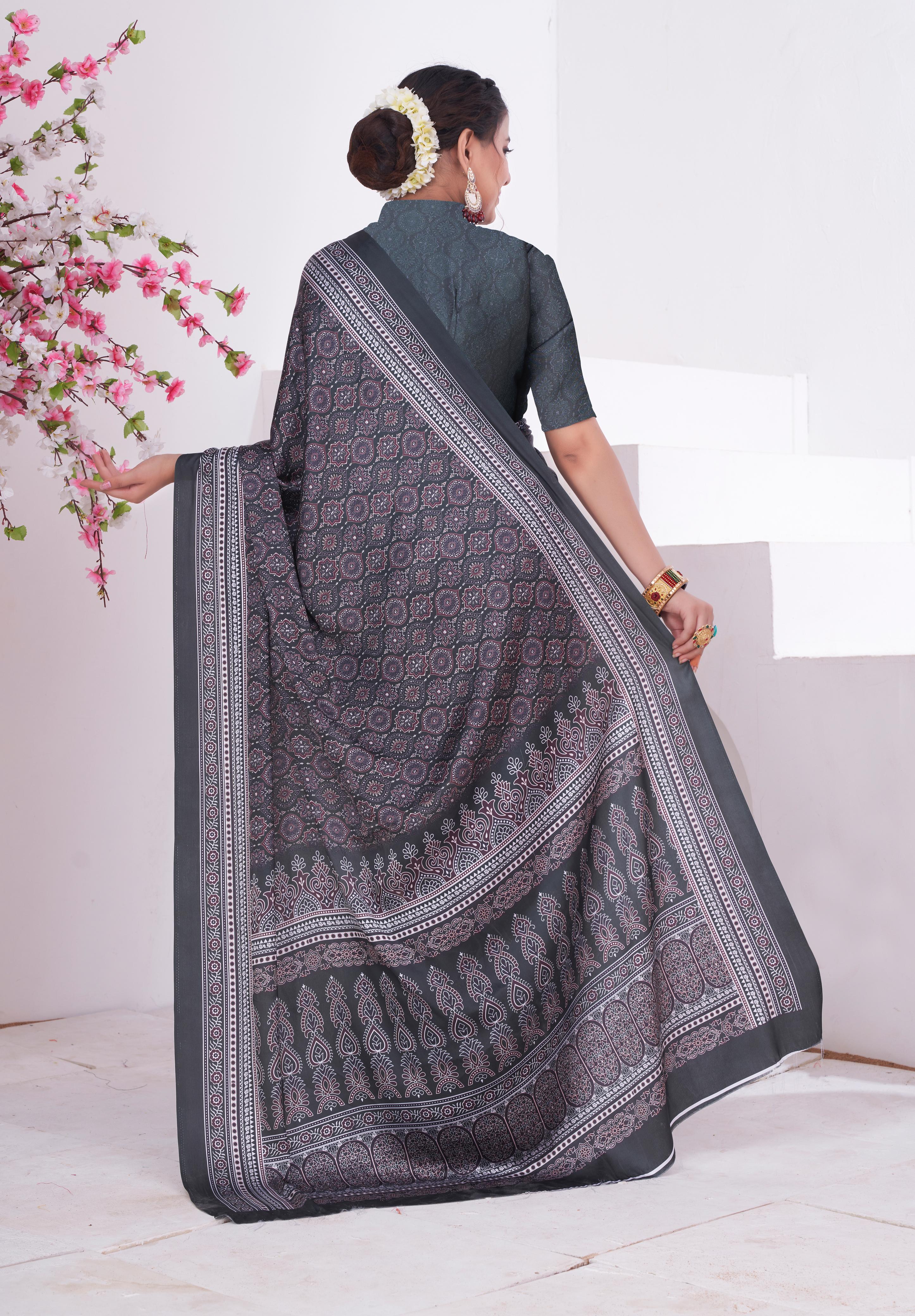 Cloudy Grey Ajrakh Printed Satin Crepe Saree