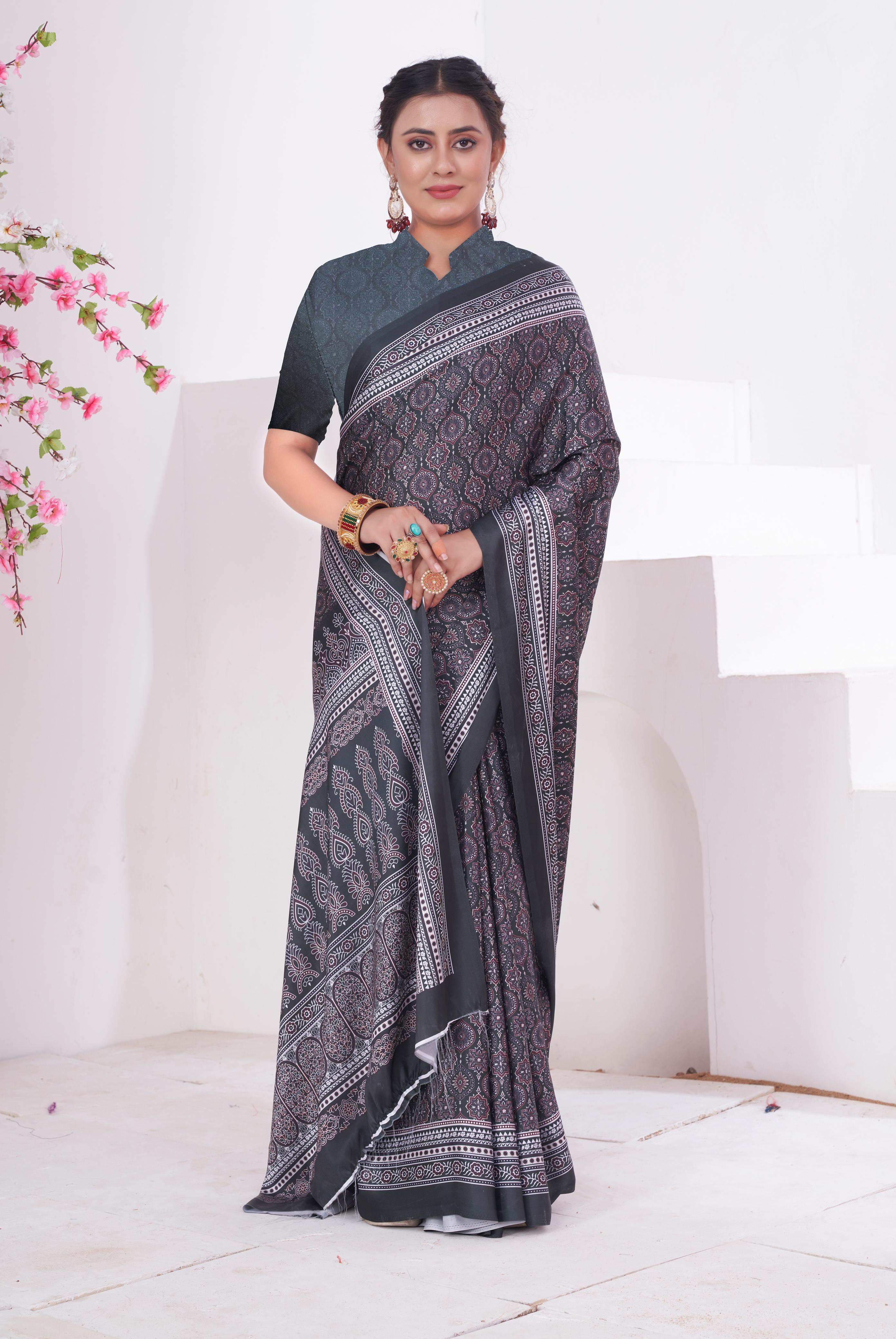 Cloudy Grey Ajrakh Printed Satin Crepe Saree