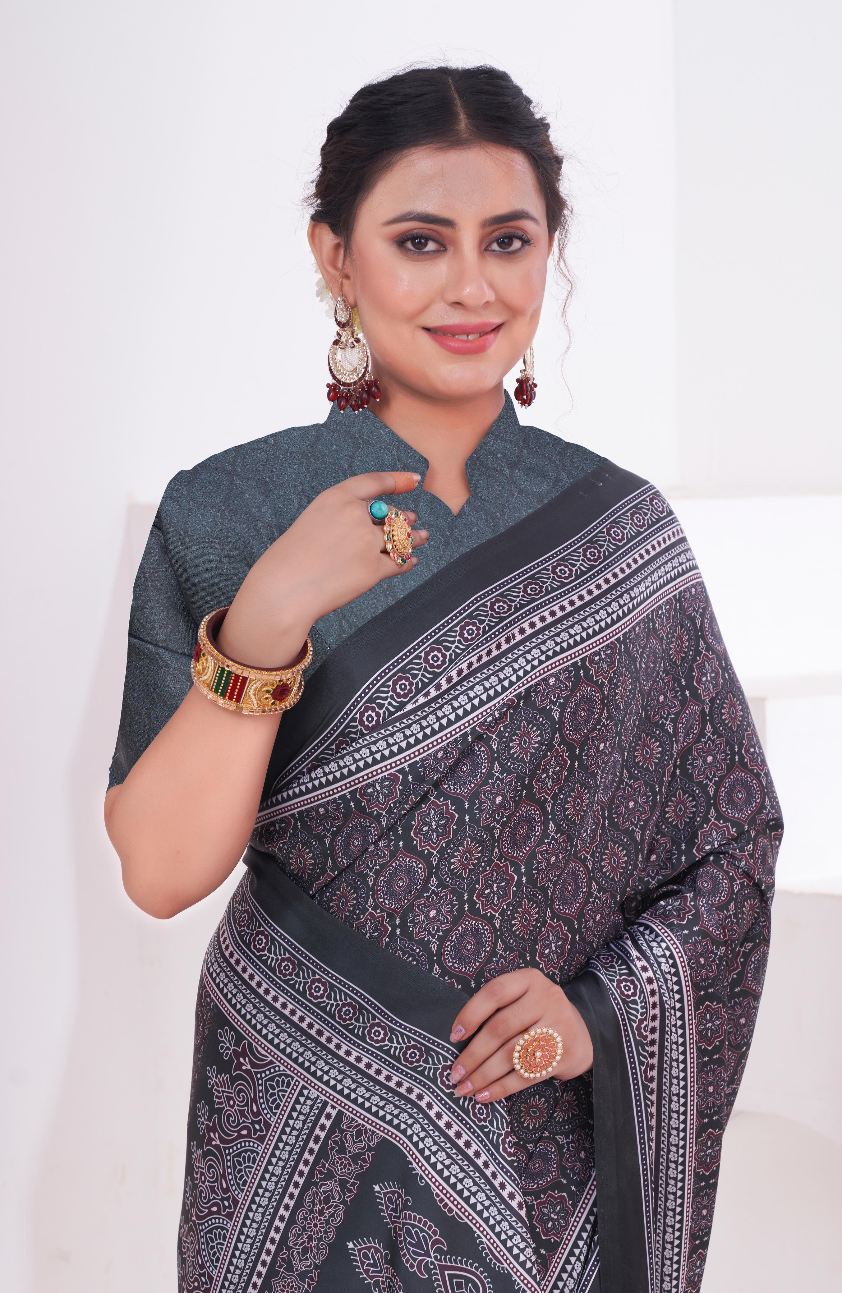 Cloudy Grey Ajrakh Printed Satin Crepe Saree