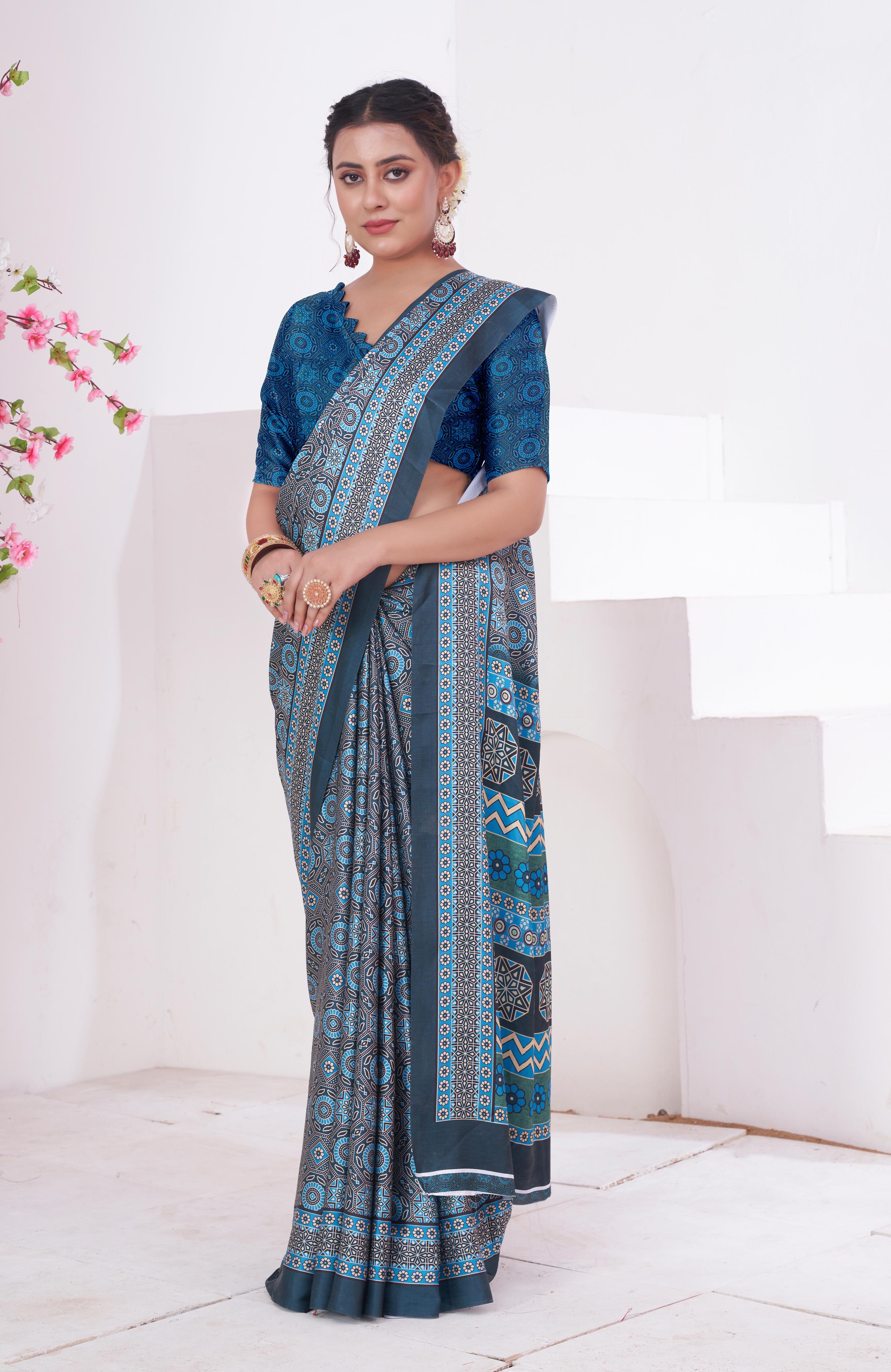 Ship Cove Blue Ajrakh Printed Satin Crepe Saree