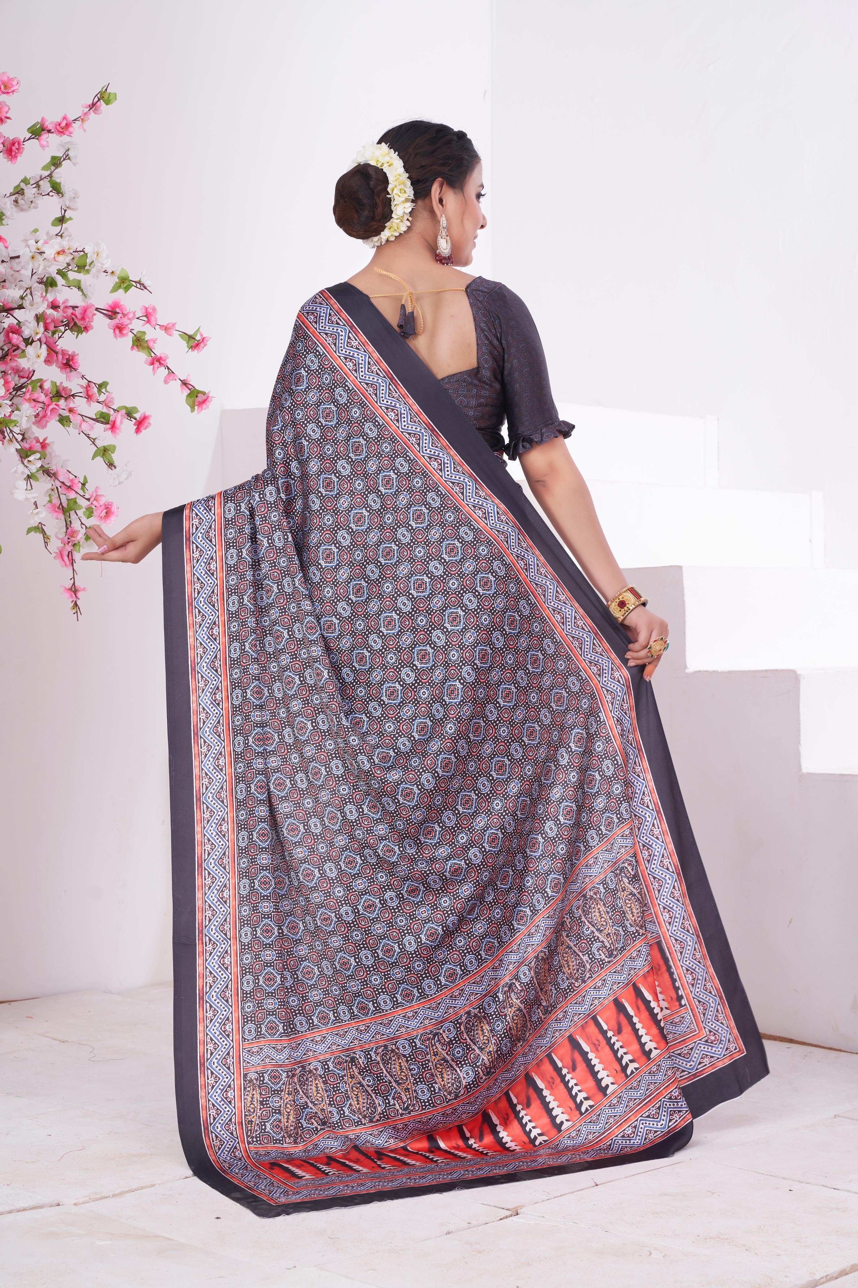 Topaz Black and Grey Ajrakh Printed Satin Crepe Saree