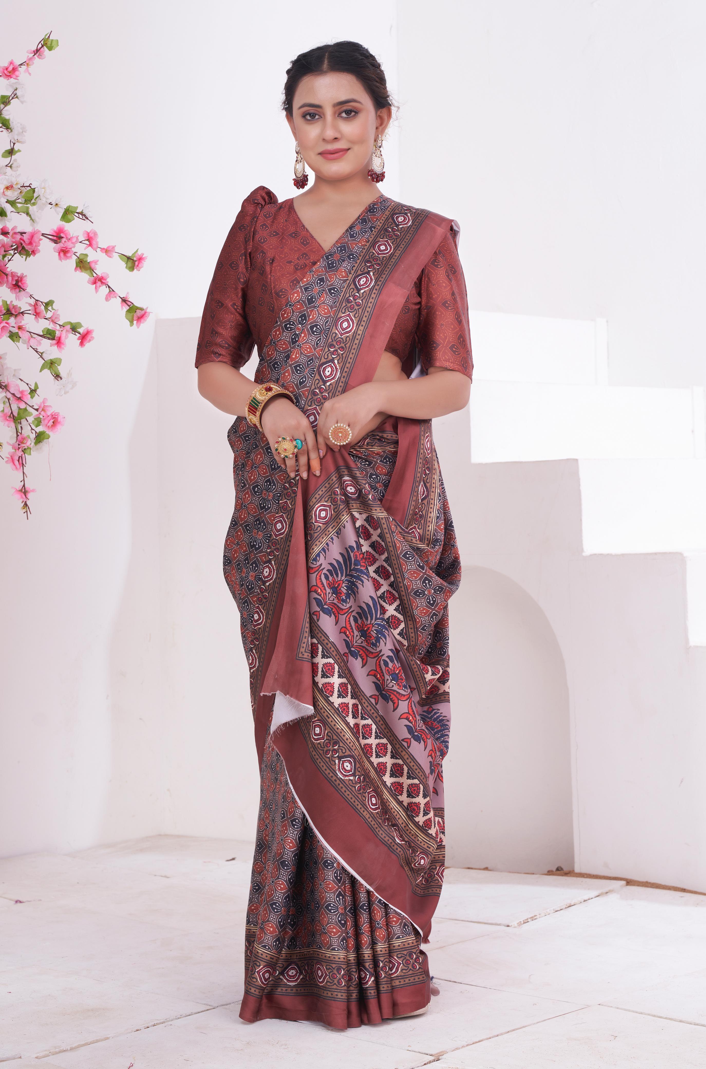 Coral Tree Brown Ajrakh Printed Satin Crepe Saree