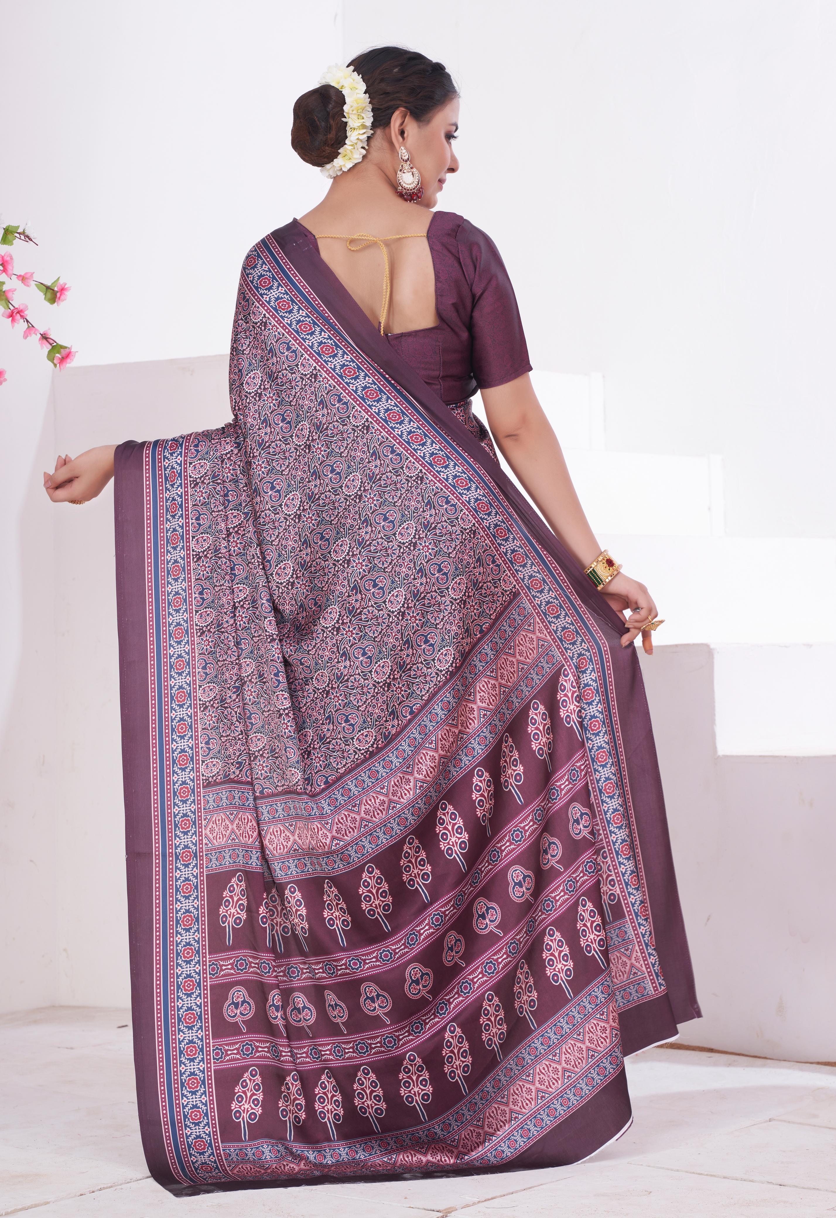 Mountbatten Purple Ajrakh Printed Satin Crepe Saree