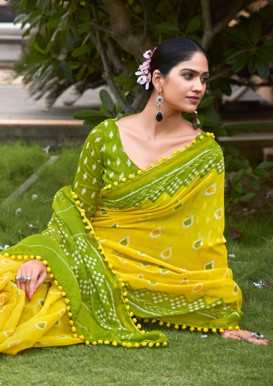 Lemon Yellow and Green Mul Mul Cotton Saree