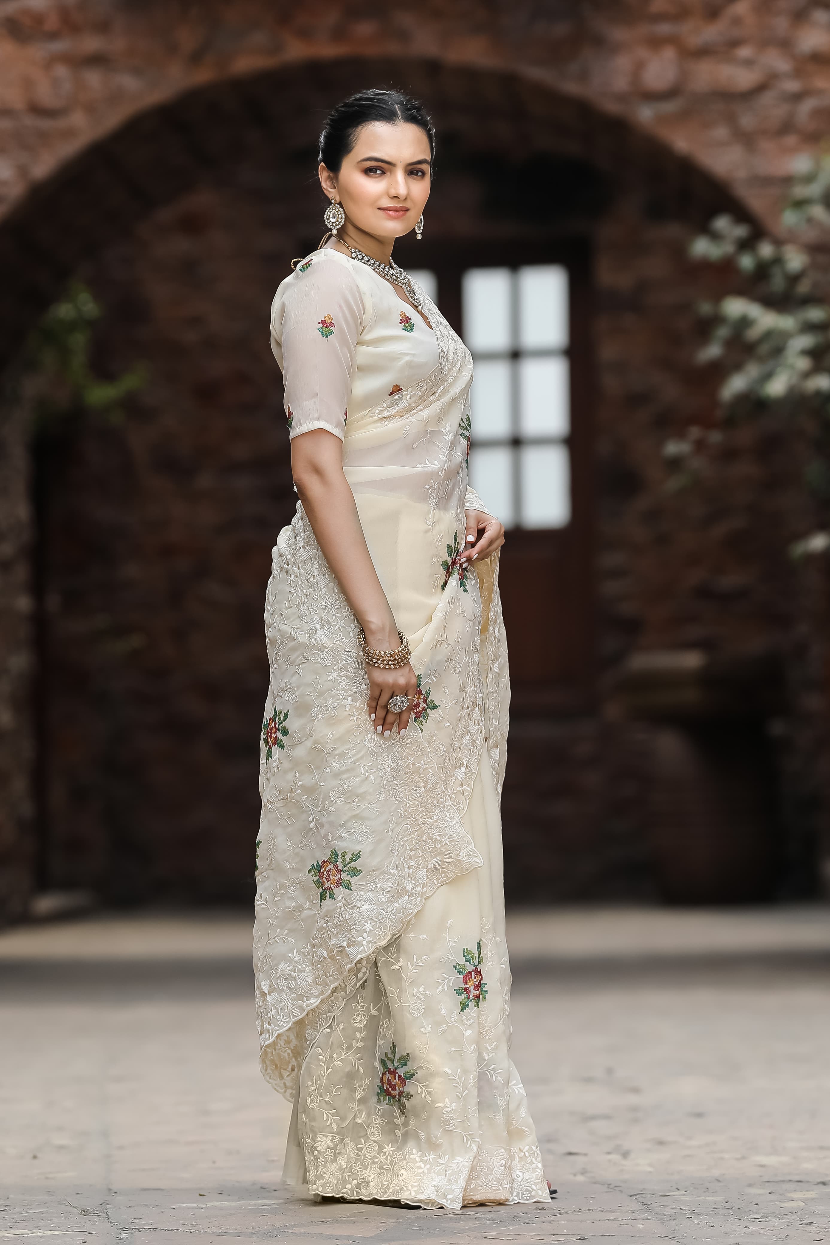 Cream Color Pure Zari Chiffon Saree With Beautiful Work All Over Saree With Cutowork And Embroidory