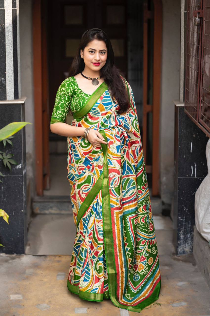 Green Color Soft Cotton Crape Multicolor Batik Style Print Saree