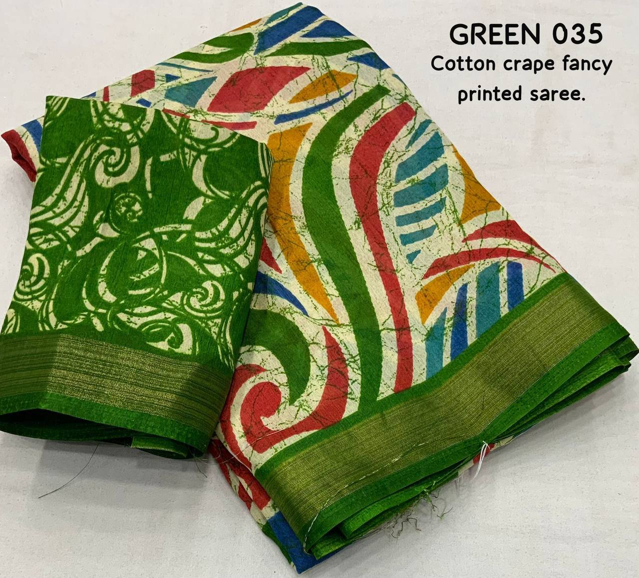 Green Color Soft Cotton Crape Multicolor Batik Style Print Saree