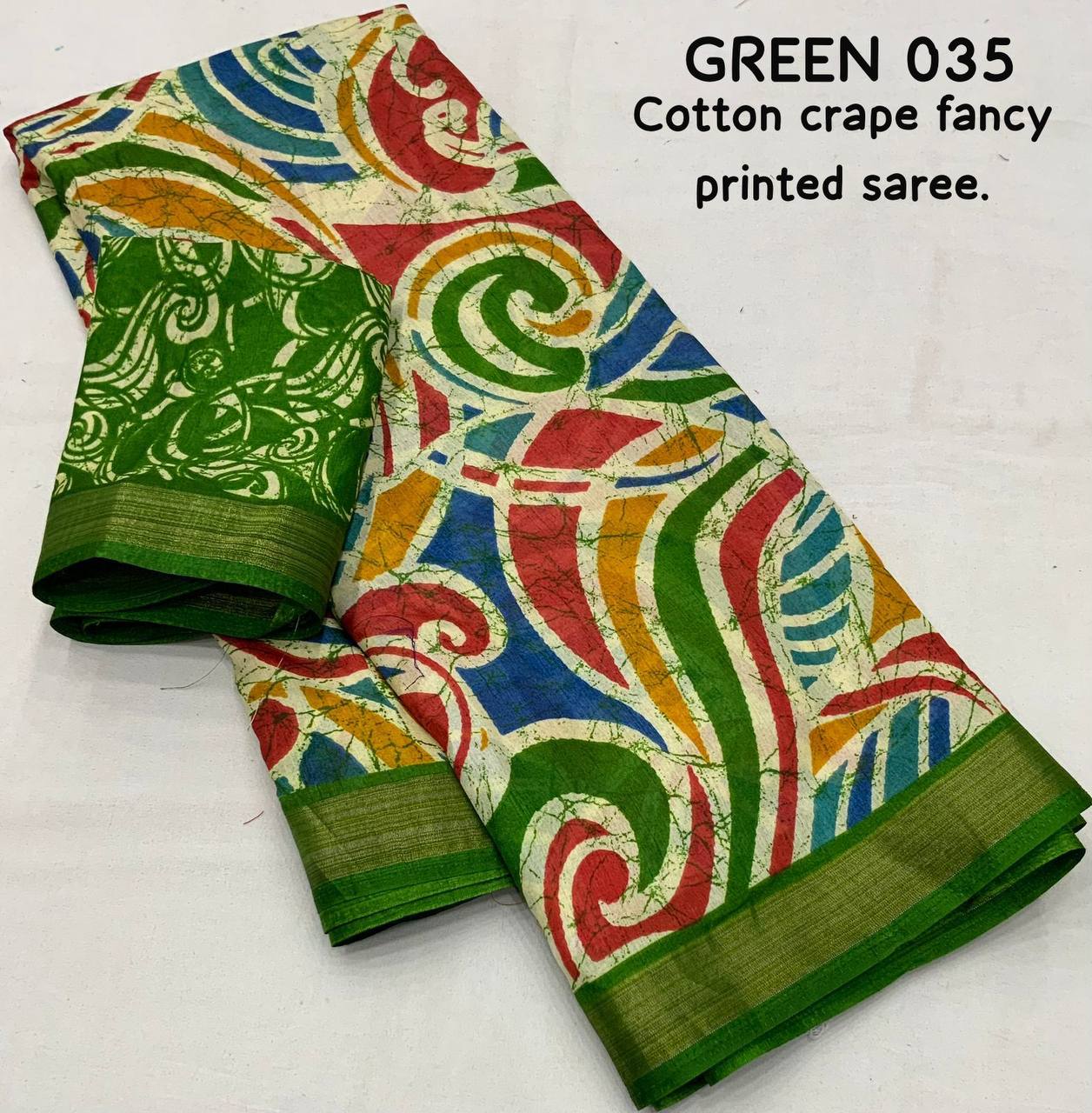 Green Color Soft Cotton Crape Multicolor Batik Style Print Saree