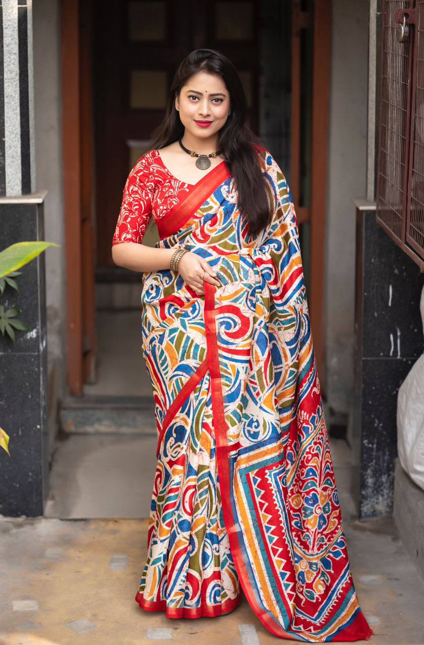 Red Color Soft Cotton Crape Multicolor Batik Style Print Saree