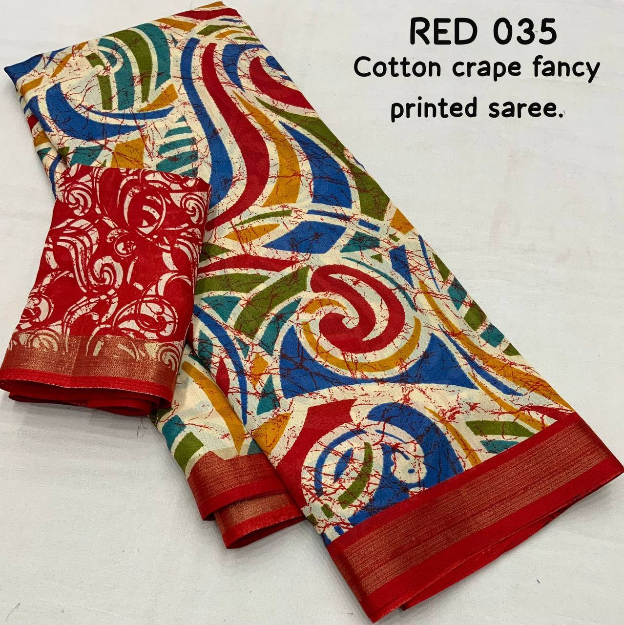 Red Color Soft Cotton Crape Multicolor Batik Style Print Saree