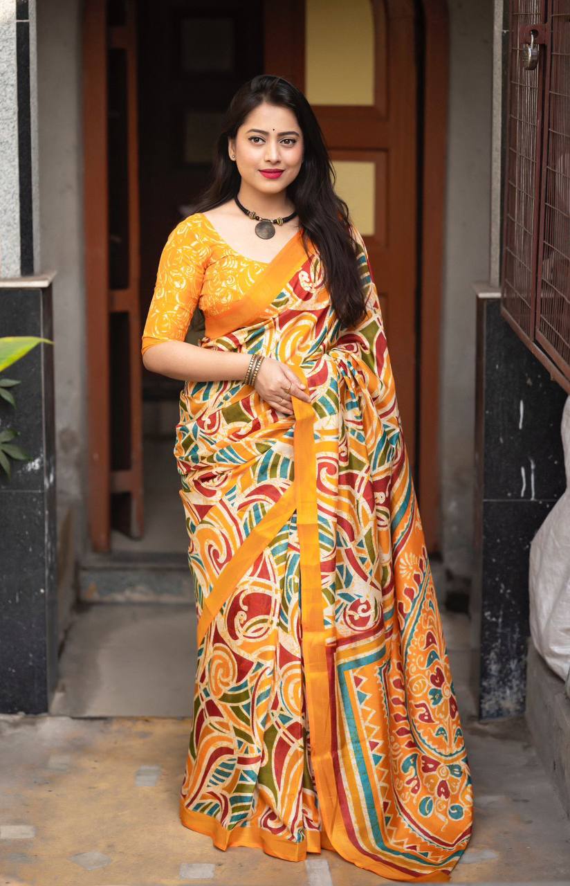 Mustard Color Soft Cotton Crape Multicolor Batik Style Print Saree