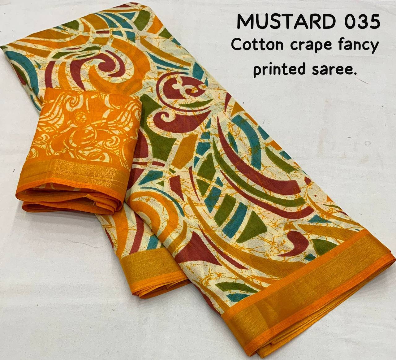 Mustard Color Soft Cotton Crape Multicolor Batik Style Print Saree