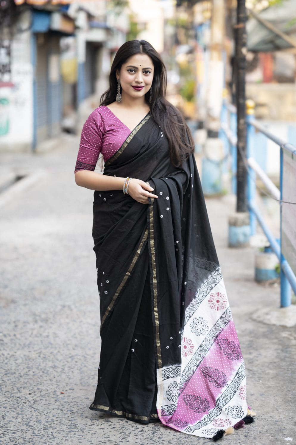 Black Color Chanderi Cotton Saree With Bhandani Design and Hand Blockprints Pallu