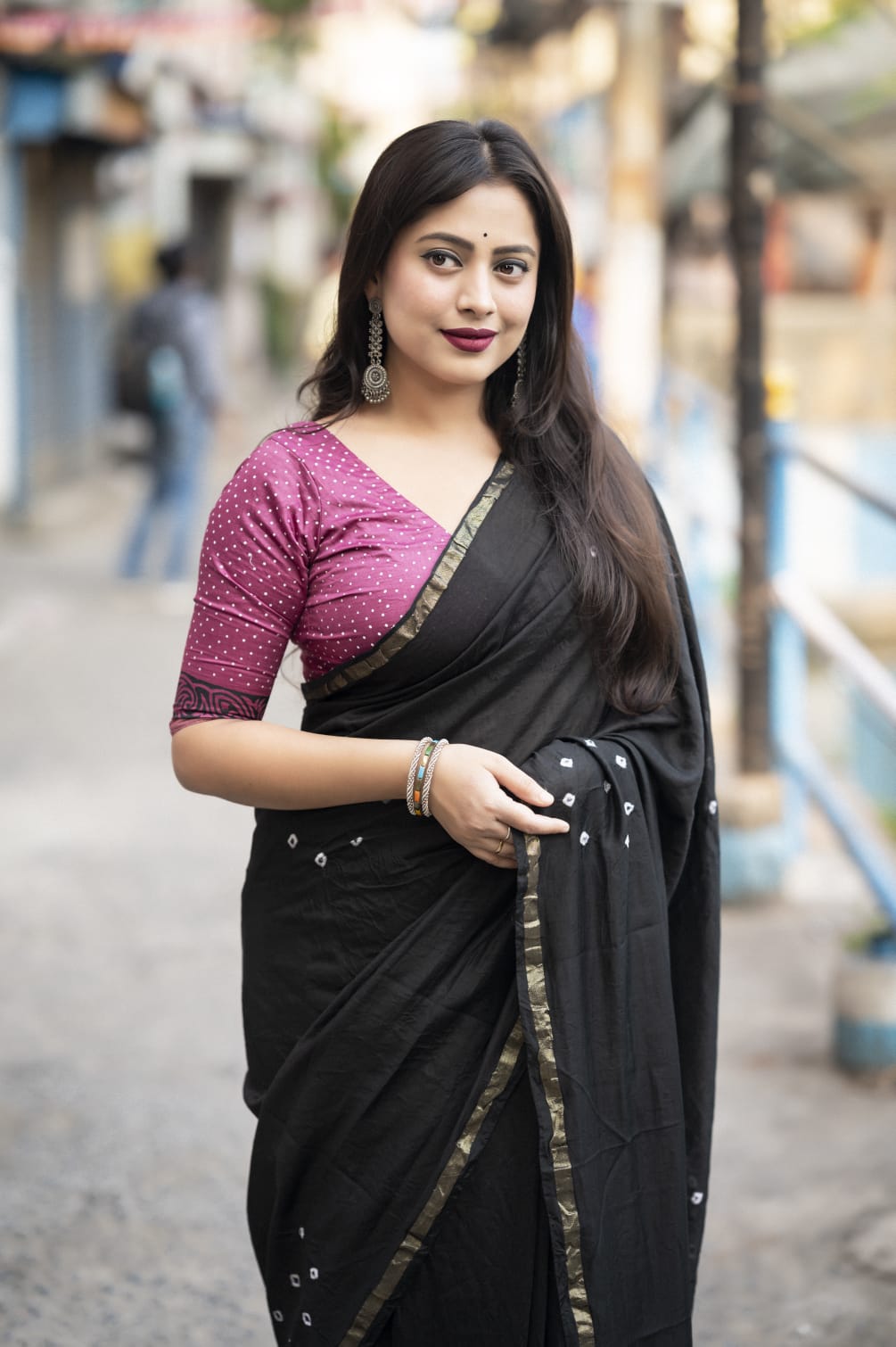 Black Color Chanderi Cotton Saree With Bhandani Design and Hand Blockprints Pallu