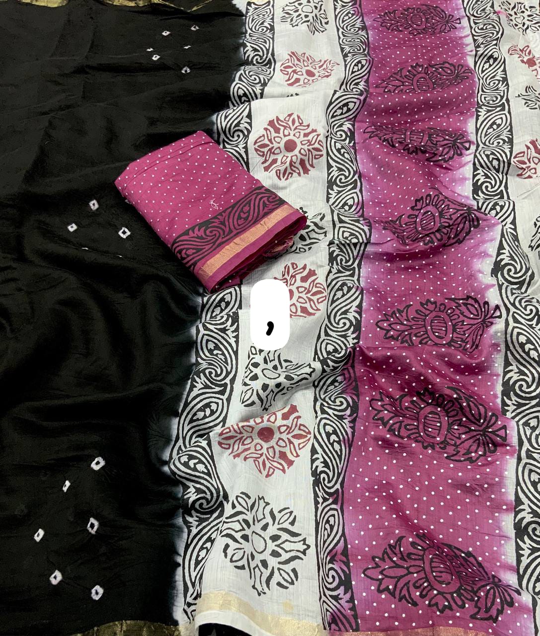 Black Color Chanderi Cotton Saree With Bhandani Design and Hand Blockprints Pallu