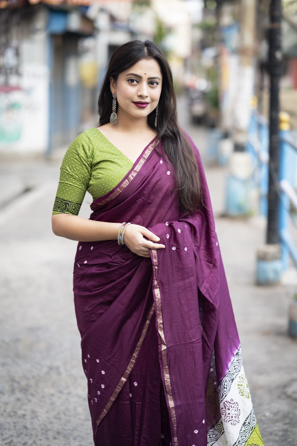 Wine Color Chanderi Cotton Saree With Bhandani Design and Hand Blockprints Pallu