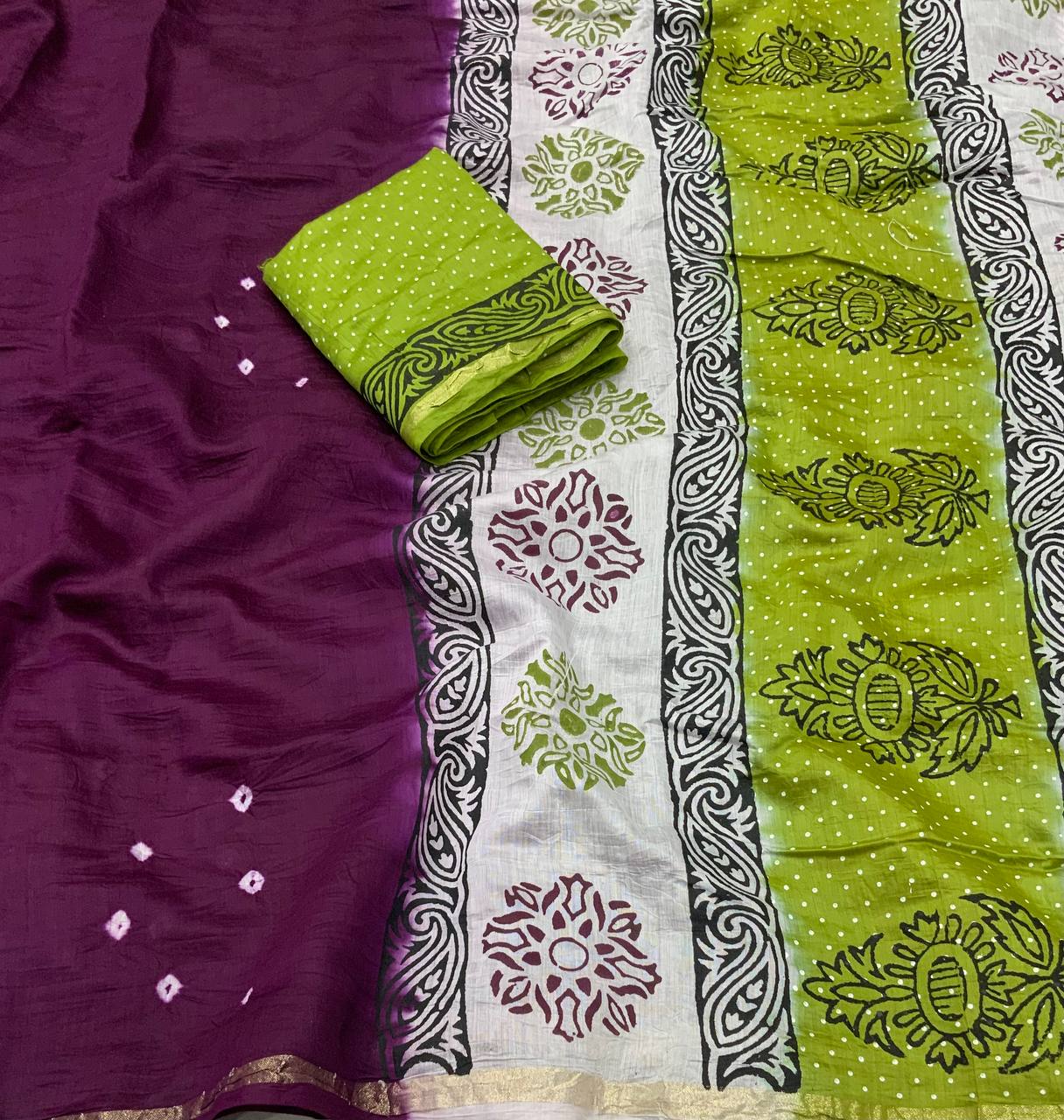 Wine Color Chanderi Cotton Saree With Bhandani Design and Hand Blockprints Pallu