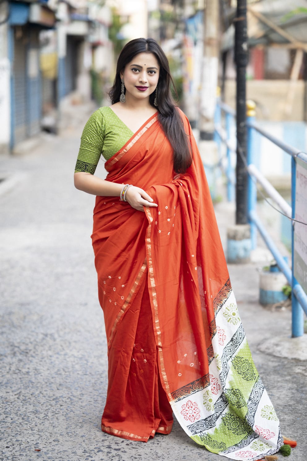 Orange Color Chanderi Cotton Saree With Bhandani Design and Hand Blockprints Pallu