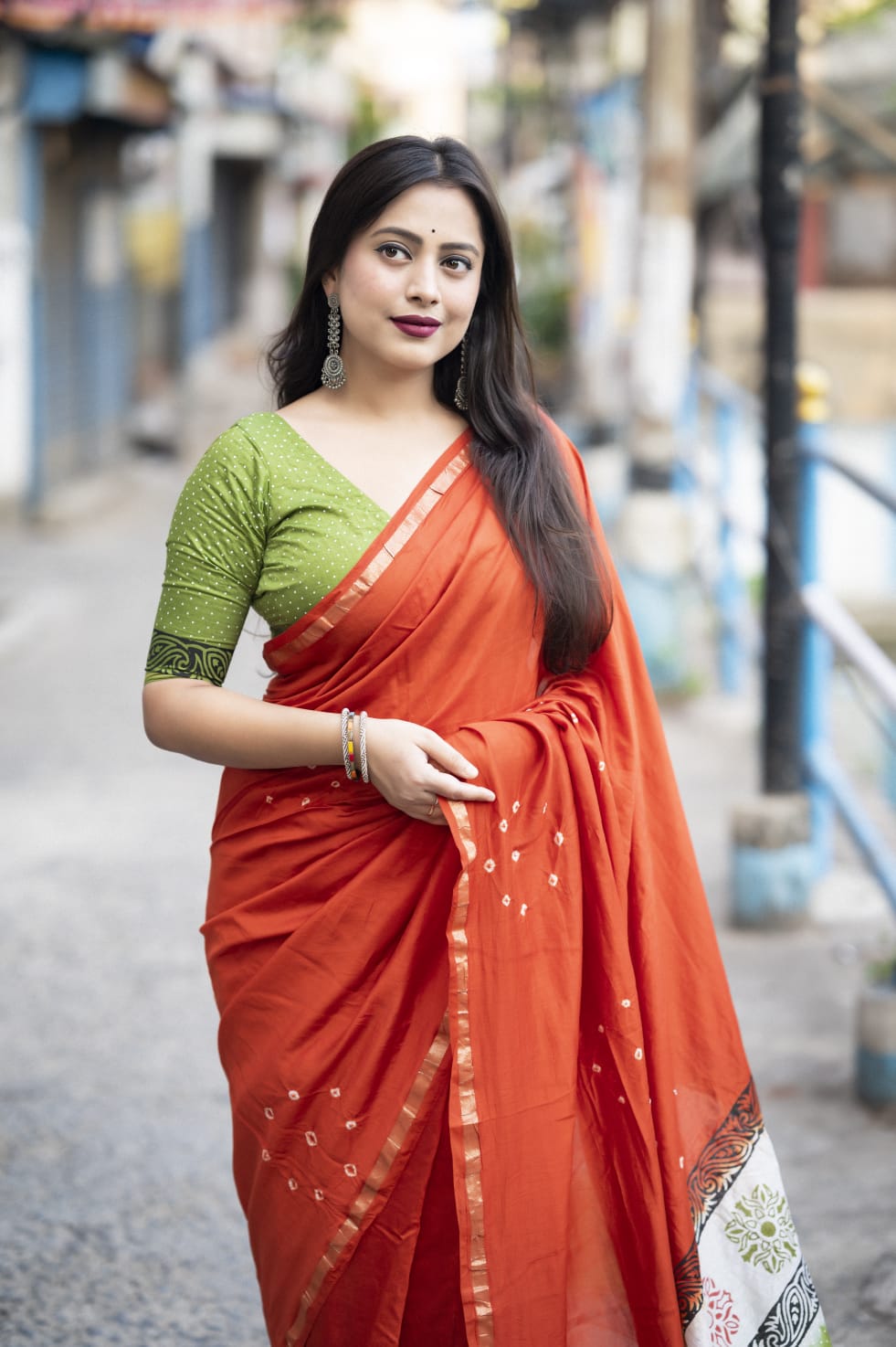 Orange Color Chanderi Cotton Saree With Bhandani Design and Hand Blockprints Pallu