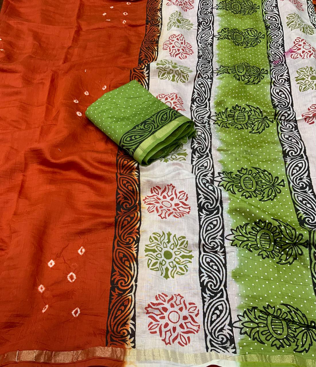 Orange Color Chanderi Cotton Saree With Bhandani Design and Hand Blockprints Pallu