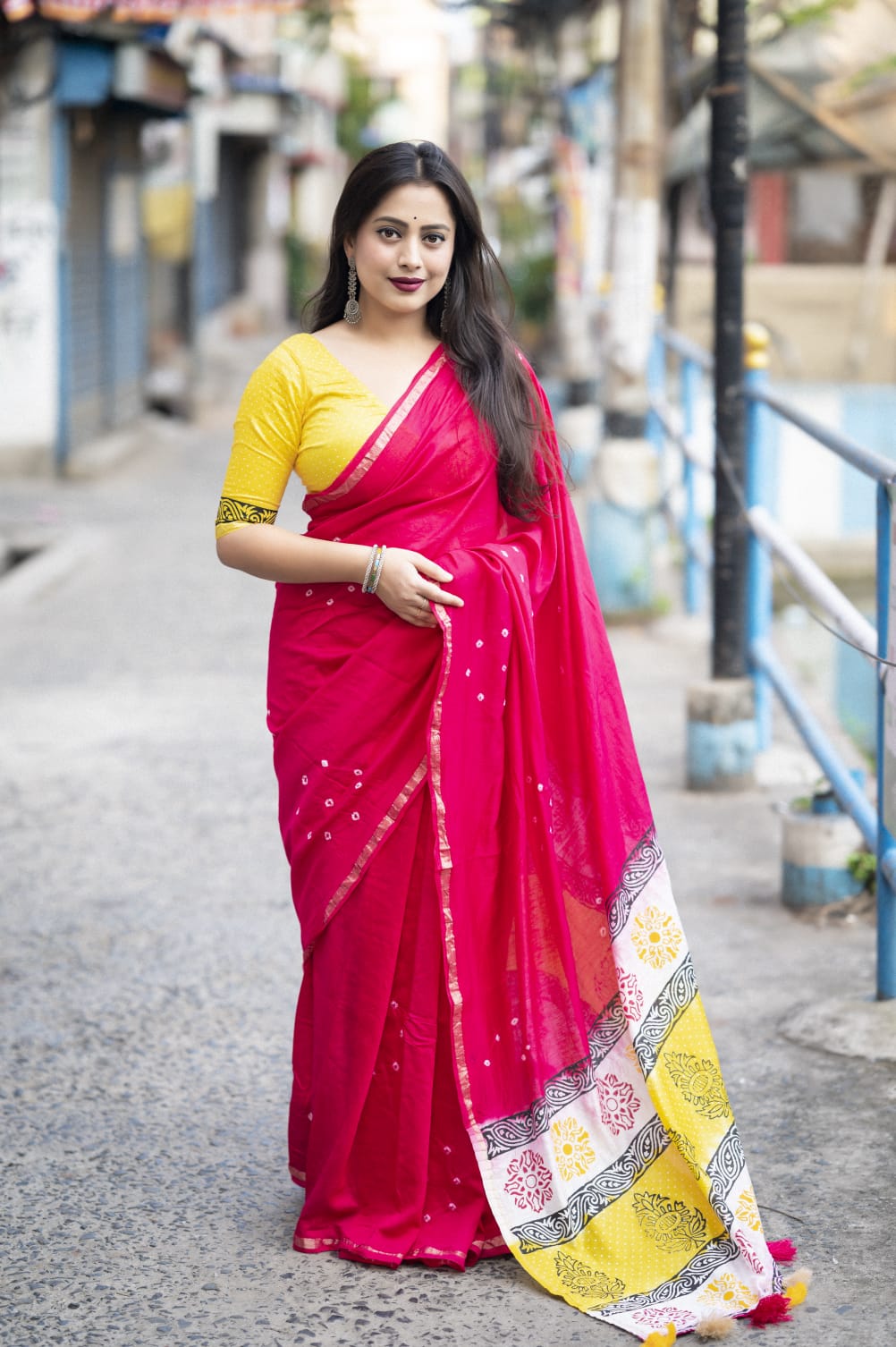 Rani Color Chanderi Cotton Saree With Bhandani Design and Hand Blockprints Pallu