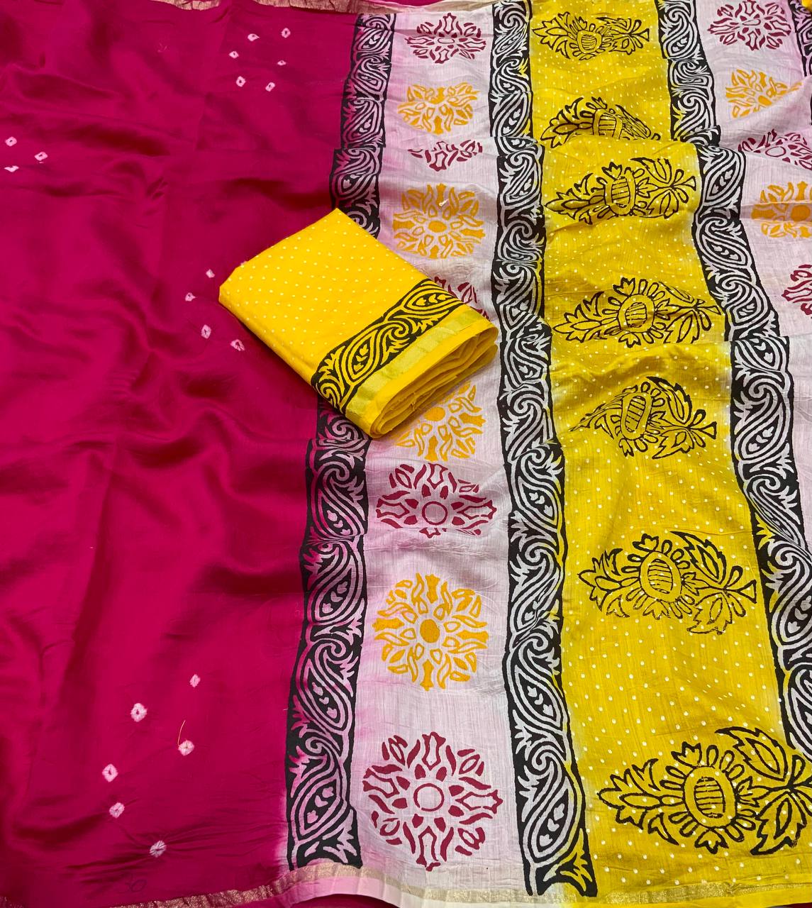 Rani Color Chanderi Cotton Saree With Bhandani Design and Hand Blockprints Pallu