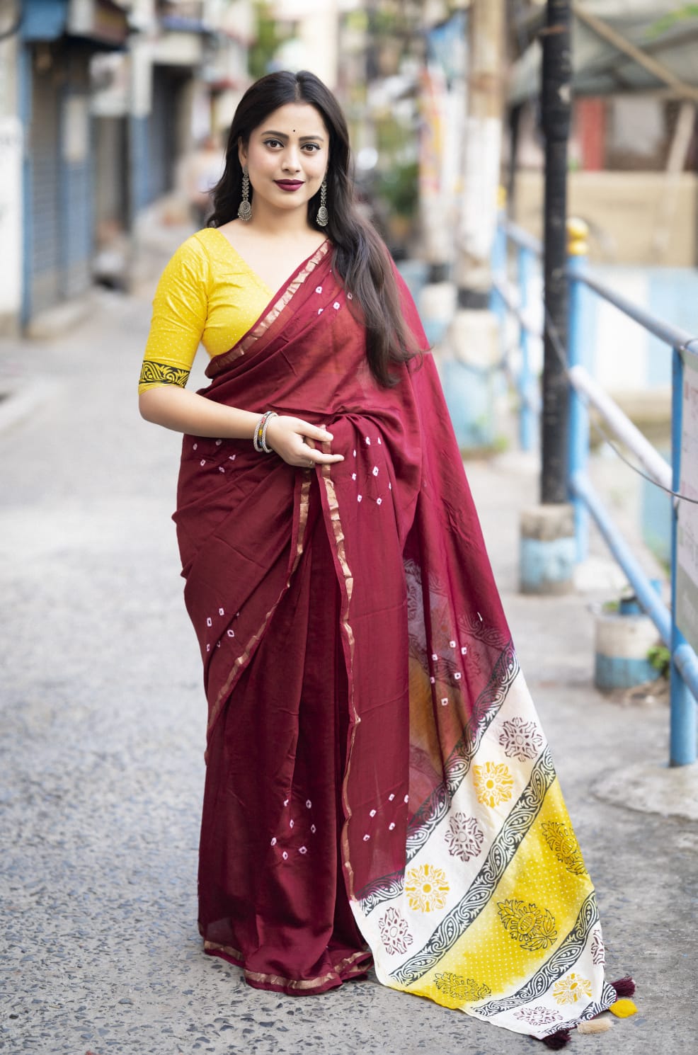 Maroon Color Chanderi Cotton Saree With Bhandani Design and Hand Blockprints Pallu