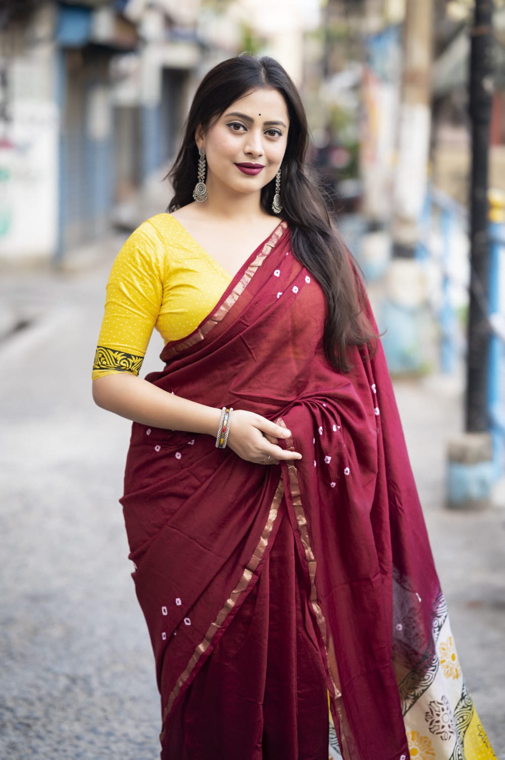 Maroon Color Chanderi Cotton Saree With Bhandani Design and Hand Blockprints Pallu