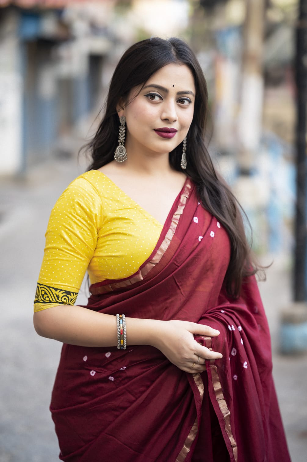 Maroon Color Chanderi Cotton Saree With Bhandani Design and Hand Blockprints Pallu