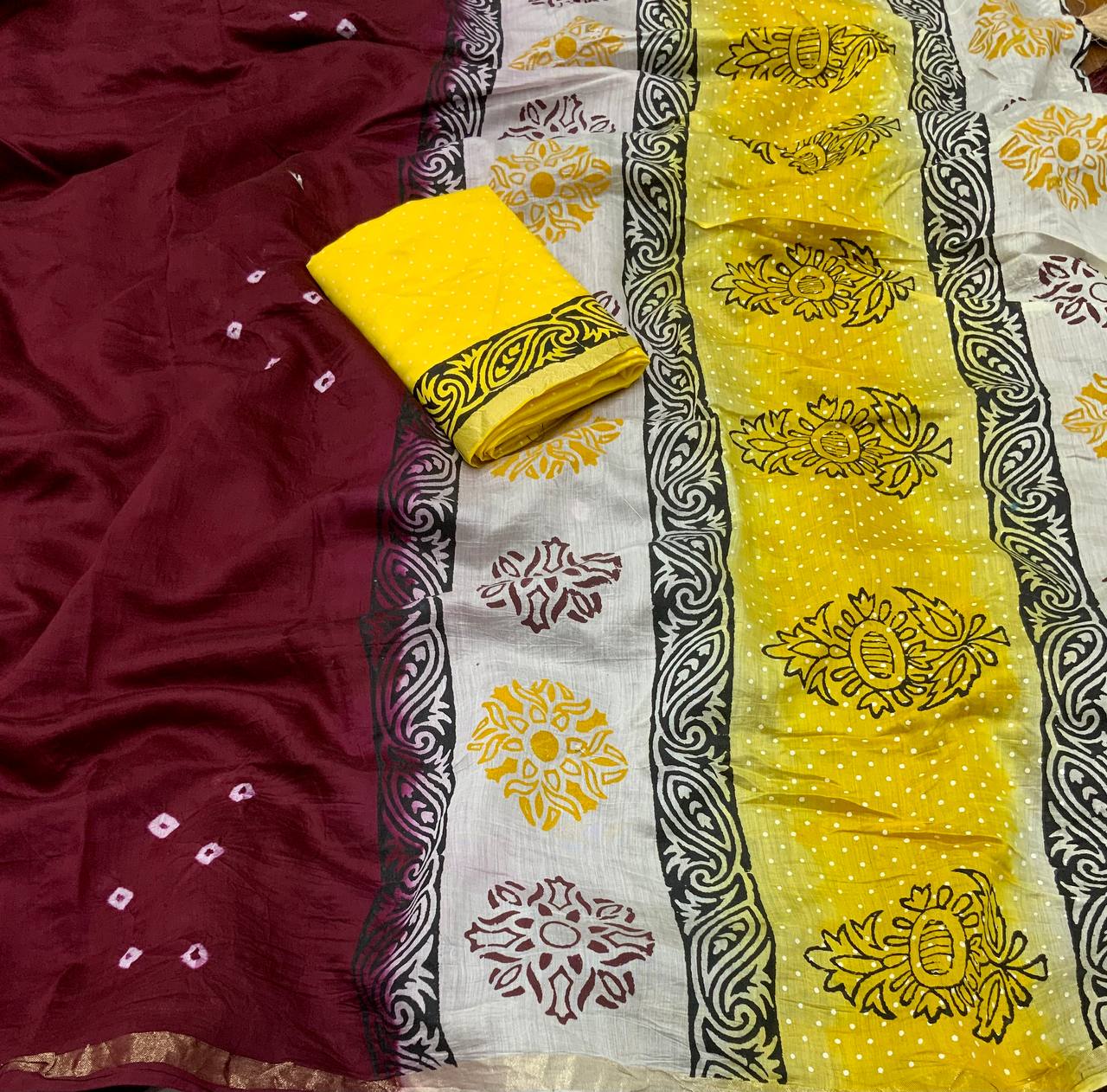 Maroon Color Chanderi Cotton Saree With Bhandani Design and Hand Blockprints Pallu