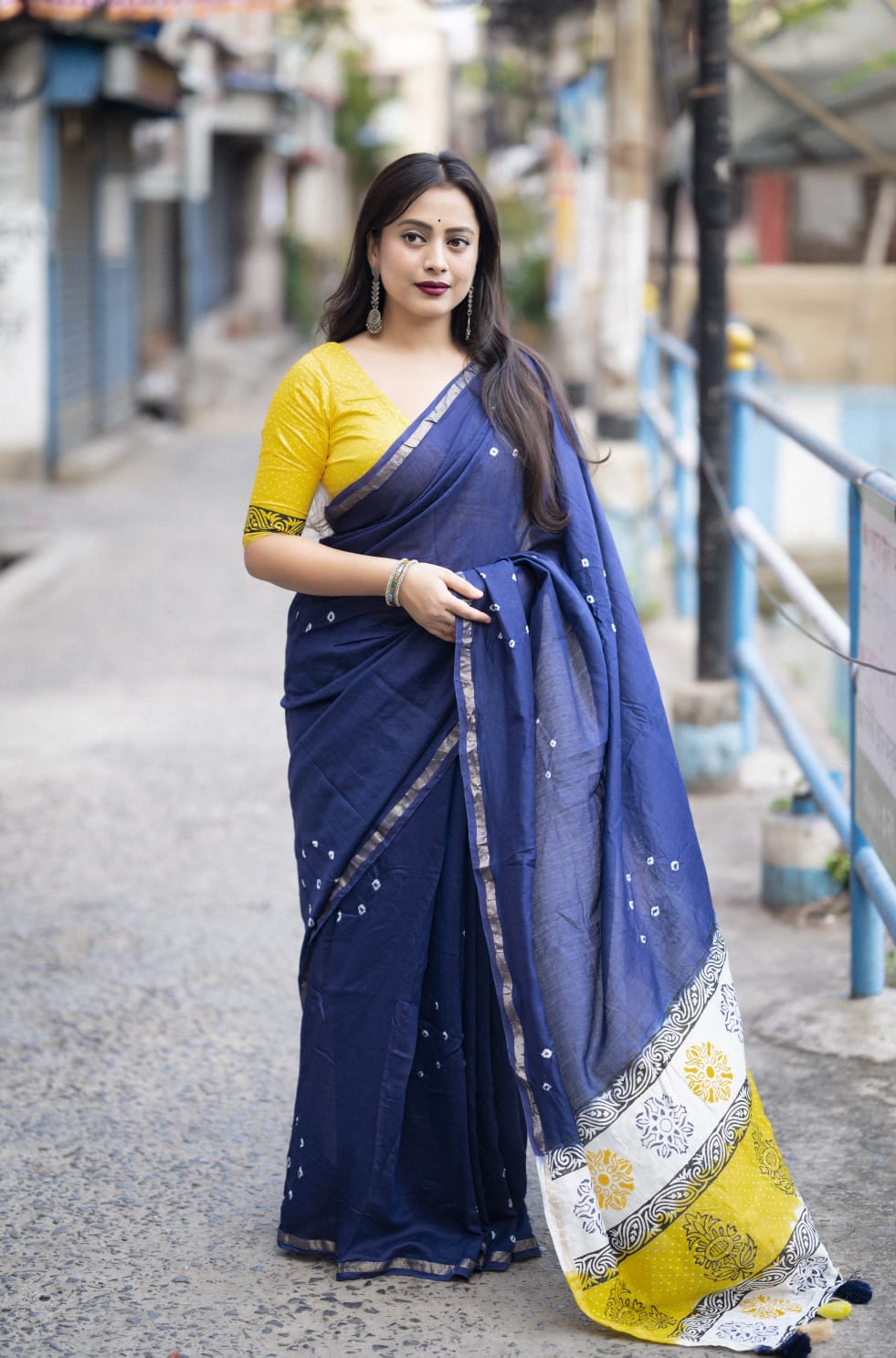 Dark Blue Color Chanderi Cotton Saree With Bhandani Design and Hand Blockprints Pallu