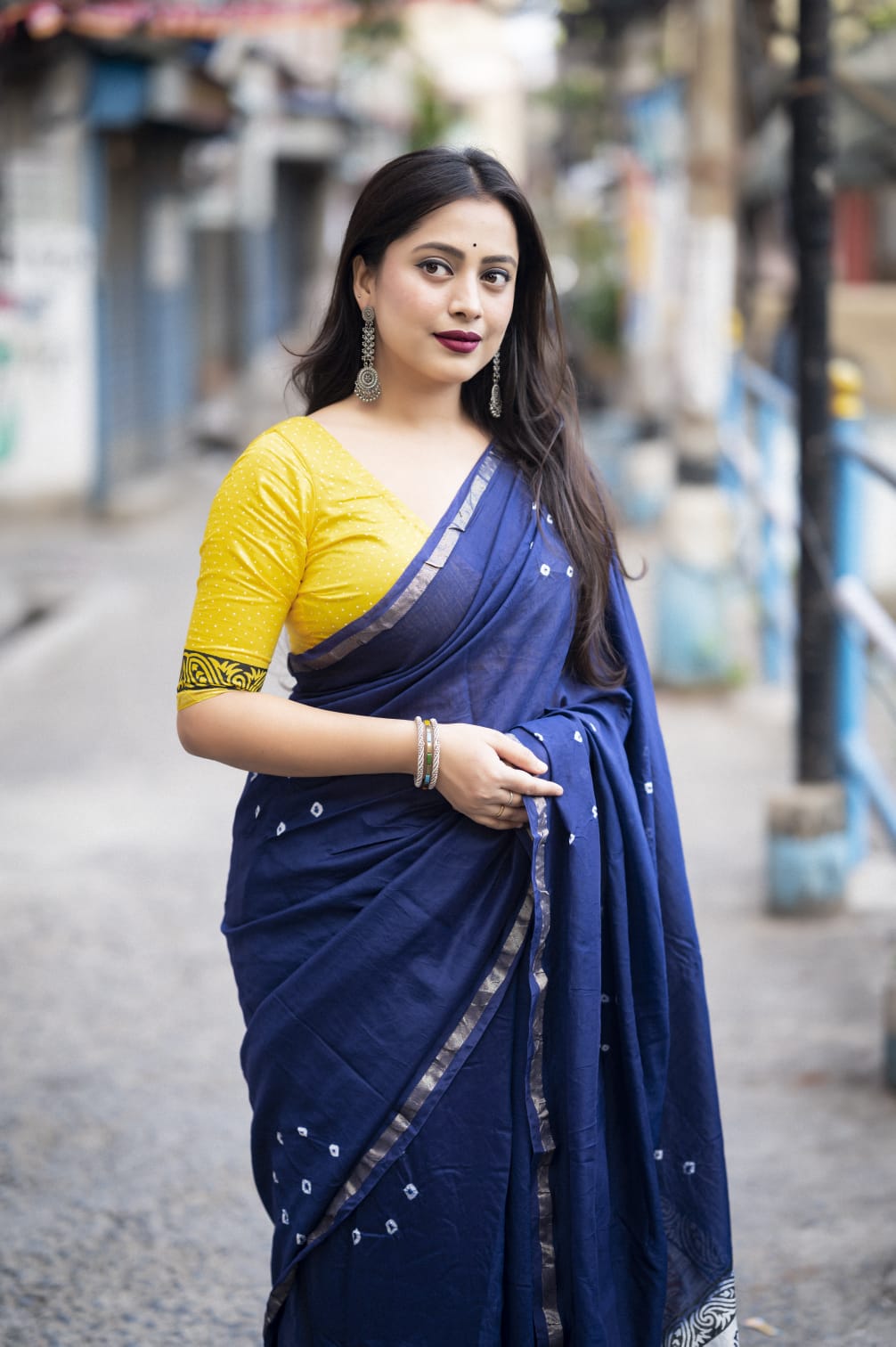 Dark Blue Color Chanderi Cotton Saree With Bhandani Design and Hand Blockprints Pallu